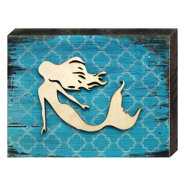Clean Choice Coastal Mermaid Rustic Wooden Art on Board Wall Decor - CL2582260
