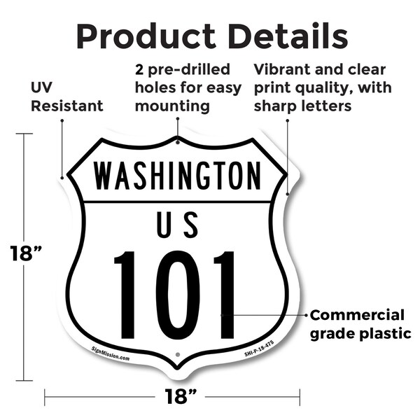 Signmission Washington Route Marker Shield Sign Us 1, 18 Inch X 18 Inch, Plastic Sign - SHI-P-18-475