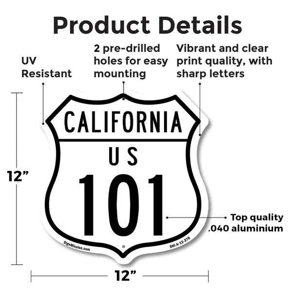 Signmission California Route Marker Shield Sign Us 1, 12 Inch X 12 Inch, Aluminum Metal Sign - SHI-A-12-370