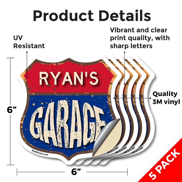 Signmission Ryan's Garage, 6 inch X 6 inch, Vinyl Decal, 5PK - SHI-D-5PACK-6-383-RYAN