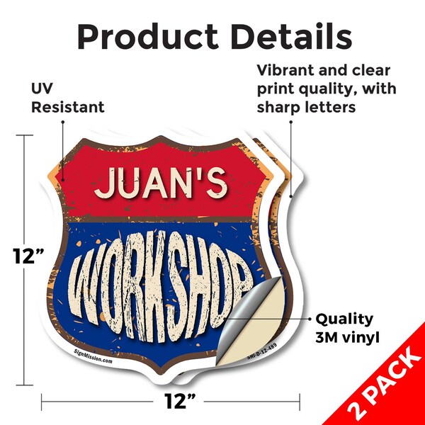 Signmission Juan's Workshop, 12 inch X 12 inch, Vinyl Decal, 2PK - SHI-D-2PACK-12-489-JUAN