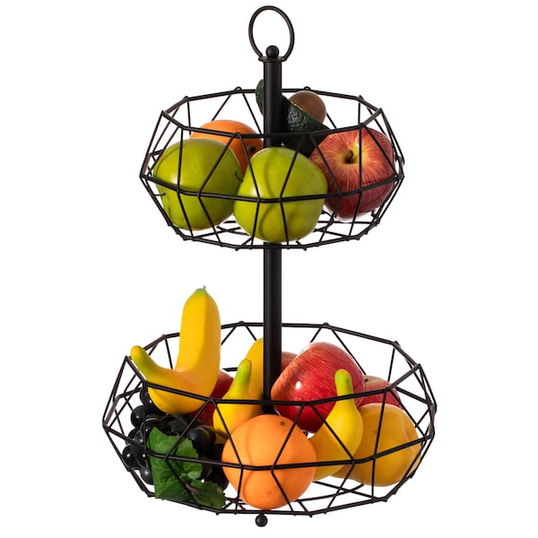 Basicwise 2 Tier Standing Countertop Fruit Basket, Detachable Carbon Steel Stable Fruit Organizer, Black - QI004473