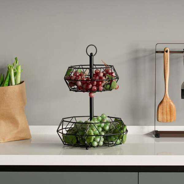 Basicwise 2 Tier Standing Countertop Fruit Basket, Detachable Carbon Steel Stable Fruit Organizer, Black - QI004473