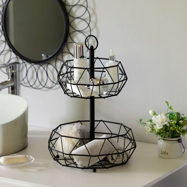 Basicwise 2 Tier Standing Countertop Fruit Basket, Detachable Carbon Steel Stable Fruit Organizer, Black - QI004473