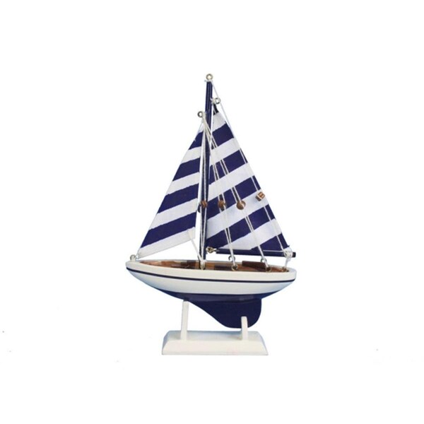 Handcrafted Model Ships Wooden Blue Striped Pacific Sailer Model Sailboat Decoration - 9 in. - SAILBOAT 9-109