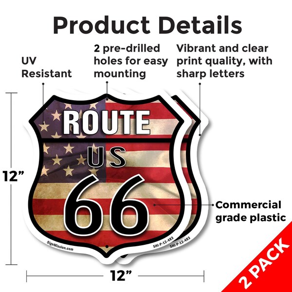 Signmission Route Us 66 Flag, 12 inch X 12 inch, Plastic Sign, 2PK - SHI-P-2PACK-12-483
