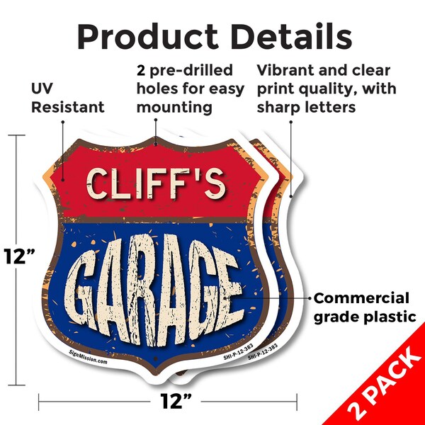 Signmission Cliff's Garage, 12 inch X 12 inch, Plastic Sign, 2PK - SHI-P-2PACK-12-383-CLIFF