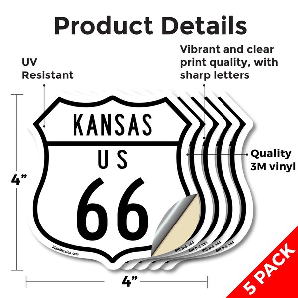 Signmission Kansas Route Marker Shield Sign Us 66, 4 inch X 4 inch, Vinyl Decal, 5PK - SHI-D-5PACK-4-384