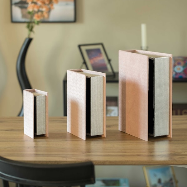 Vintiquewise Pink Velvet Vintage Storage Wooden Antique Classic Decorative Book Box Holder, PK 3 - QI004265.PK