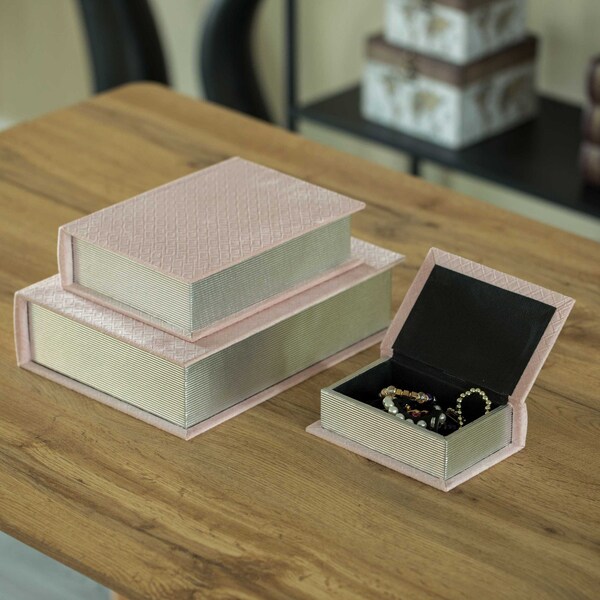 Vintiquewise Pink Velvet Vintage Storage Wooden Antique Classic Decorative Book Box Holder, PK 3 - QI004265.PK