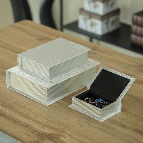 Vintiquewise White Velvet Vintage Storage Wooden Antique Classic Decorative Book Box Holder, PK 3 - QI004265.WT-M