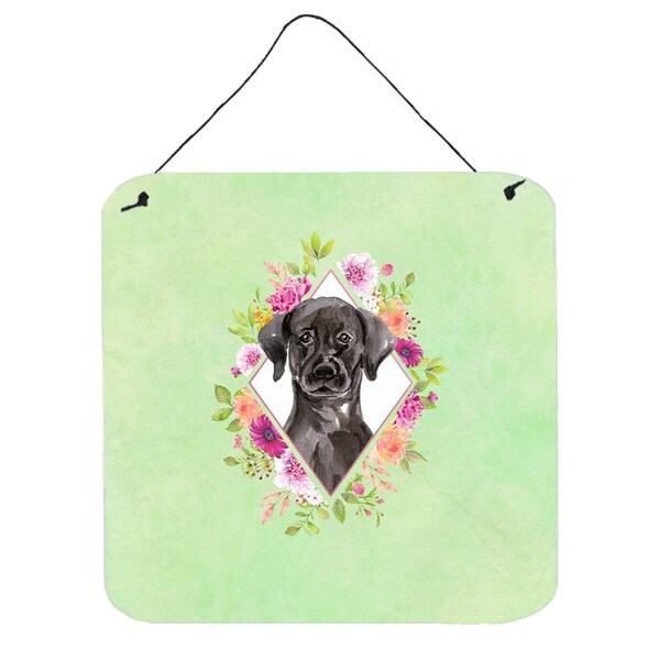 Carolines Treasures 6 x 6 in. Black Labrador Green Flowers Wall or Door Hanging Prints - CK4421DS66
