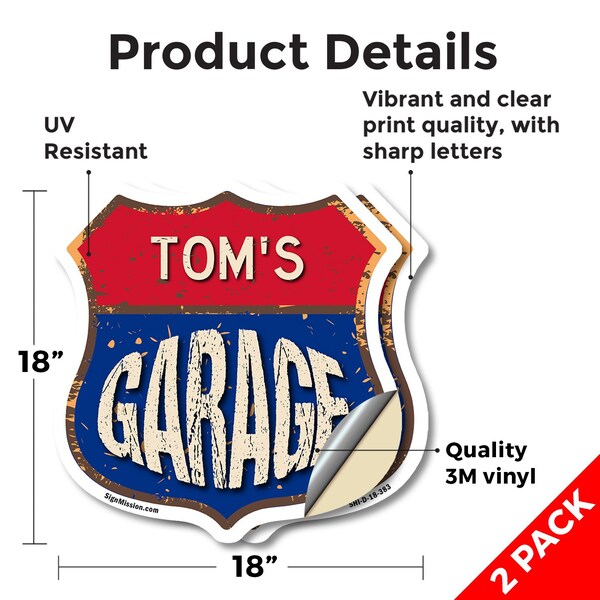 Signmission Tom's Garage, 18 inch X 18 inch, Vinyl Decal, 2PK - SHI-D-2PACK-18-383-TOM