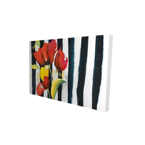 Begin Home Decor 20 x 30 in. Red Flowers on Stripes-Print on Canvas - 2080-2030-FL112