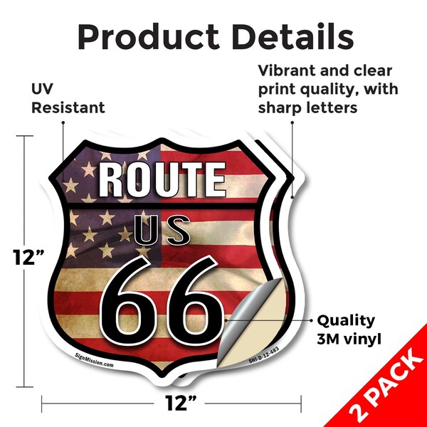 Signmission Route Us 66 Flag, 12 inch X 12 inch, Vinyl Decal, 2PK - SHI-D-2PACK-12-483