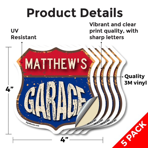 Signmission Matthew's Garage, 4 inch X 4 inch, Vinyl Decal, 5PK - SHI-D-5PACK-4-383-MATTHEW