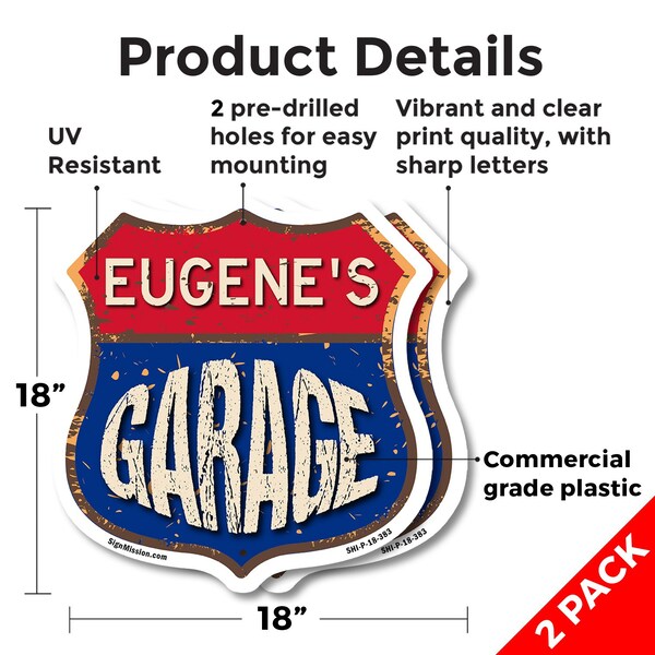Signmission Eugene's Garage, 18 inch X 18 inch, Plastic Sign, 2PK - SHI-P-2PACK-18-383-EUGENE