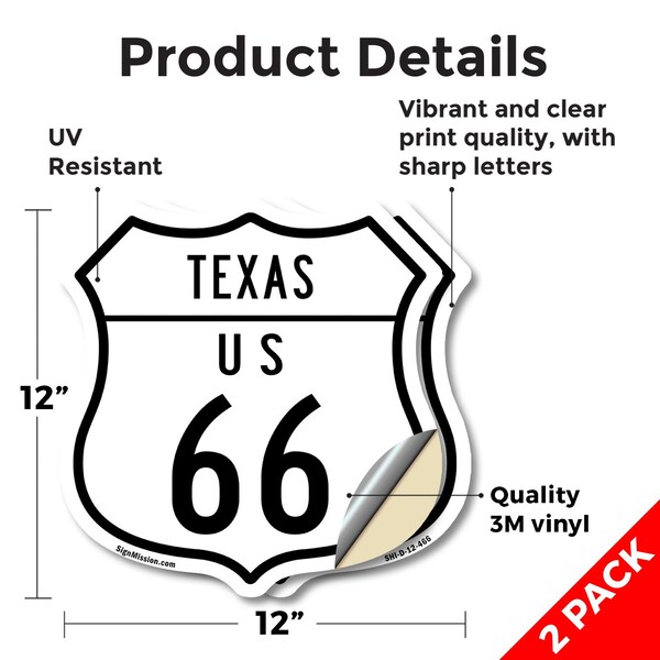 Signmission Texas Route Marker Shield Sign Us 66, 12 inch X 12 inch, Vinyl Decal, 2PK - SHI-D-2PACK-12-466