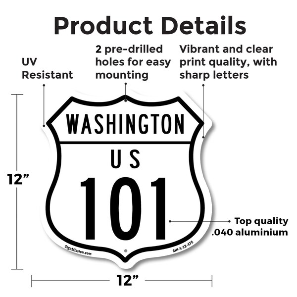 Signmission Washington Route Marker Shield Sign Us 1, 12 Inch X 12 Inch, Aluminum Metal Sign - SHI-A-12-475