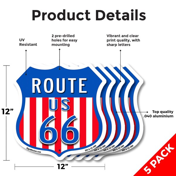 Signmission Route Us 66, 12 inch X 12 inch, Aluminum Metal Sign, 5PK - SHI-A-5PACK-12-480