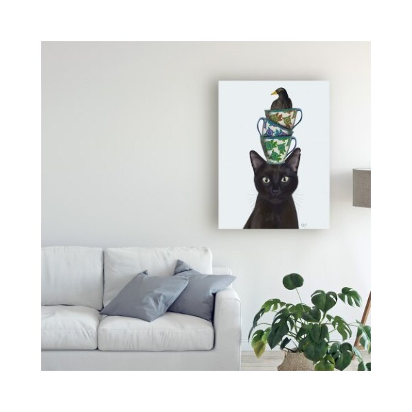 Trademark Fine Art Fab Funky 'Black Cat With Teacups And Blackbird' Canvas Art, 18x24 - WAG12654-C1824GG