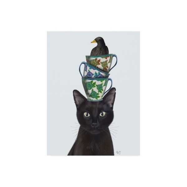 Trademark Fine Art Fab Funky 'Black Cat With Teacups And Blackbird' Canvas Art, 18x24 - WAG12654-C1824GG