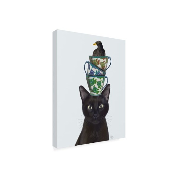 Trademark Fine Art Fab Funky 'Black Cat With Teacups And Blackbird' Canvas Art, 18x24 - WAG12654-C1824GG