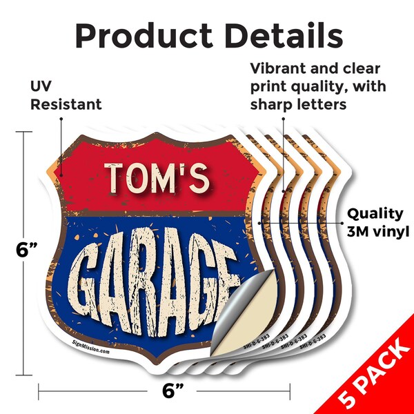 Signmission Tom's Garage, 6 inch X 6 inch, Vinyl Decal, 5PK - SHI-D-5PACK-6-383-TOM