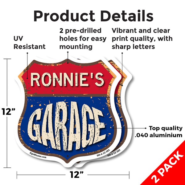Signmission Ronnie's Garage, 12 inch X 12 inch, Aluminum Metal Sign, 2PK - SHI-A-2PACK-12-383-RONNIE