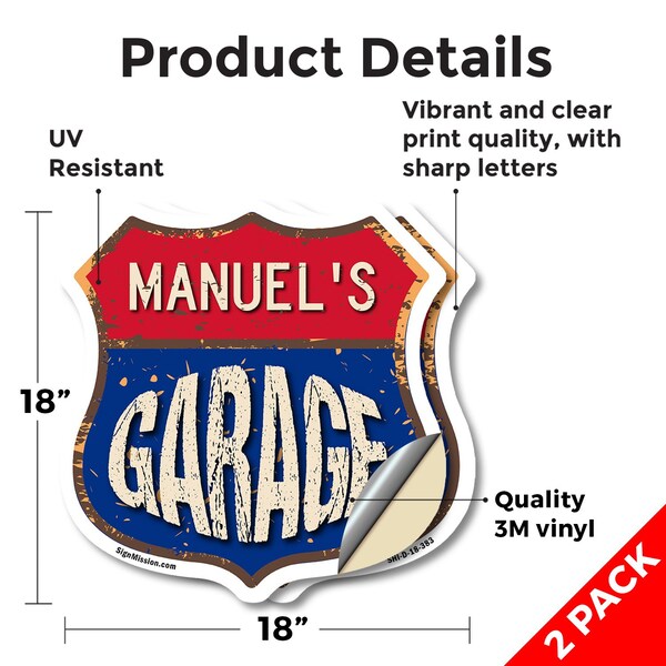 Signmission Manuel's Garage, 18 inch X 18 inch, Vinyl Decal, 2PK - SHI-D-2PACK-18-383-MANUEL