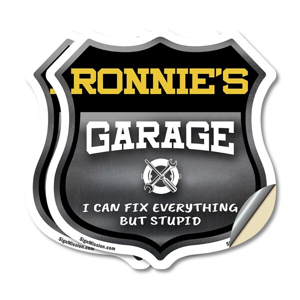 Signmission Ronnie's Garage I Can Fix Everything But Stupid, 4 inch X 4 inch, Vinyl Decal, 2PK - SHI-D-2PACK-4-490-RONNIE