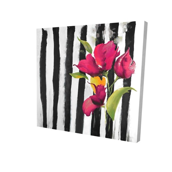 Fondo 32 x 32 in. Flowers on Black & White Stripes-Print on Canvas - FO2792620