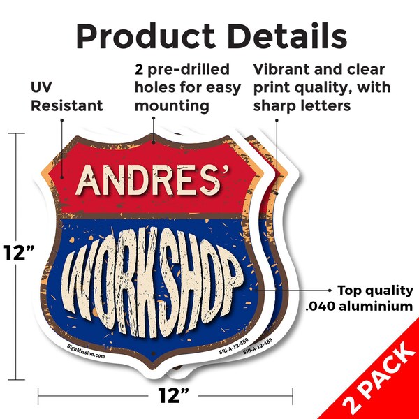 Signmission Andres's Workshop, 12 inch X 12 inch, Aluminum Metal Sign, 2PK - SHI-A-2PACK-12-489-ANDRES