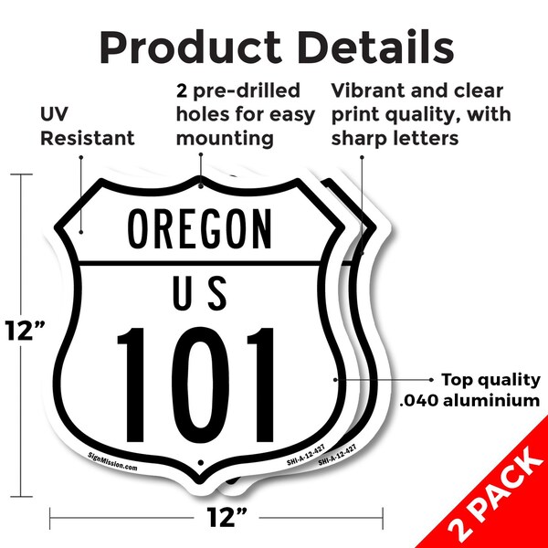 Signmission Oregon Route Marker Shield Sign Us 101, 12 inch X 12 inch, Aluminum Metal Sign, 2PK - SHI-A-2PACK-12-427