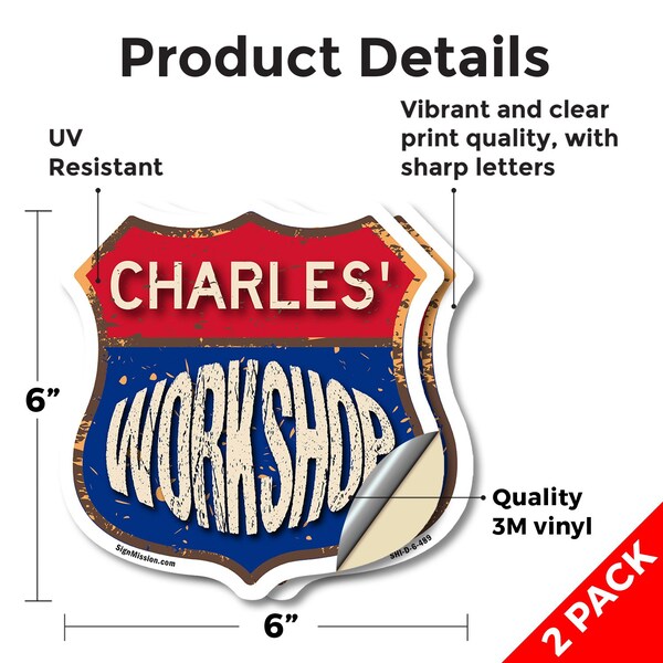 Signmission Charles's Workshop, 6 inch X 6 inch, Vinyl Decal, 2PK - SHI-D-2PACK-6-489-CHARLES
