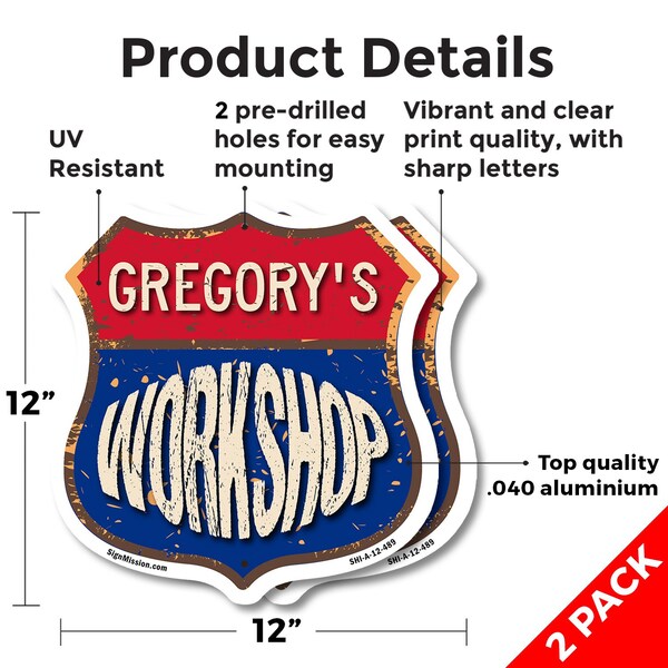 Signmission Gregory's Workshop, 12 inch X 12 inch, Aluminum Metal Sign, 2PK - SHI-A-2PACK-12-489-GREGORY