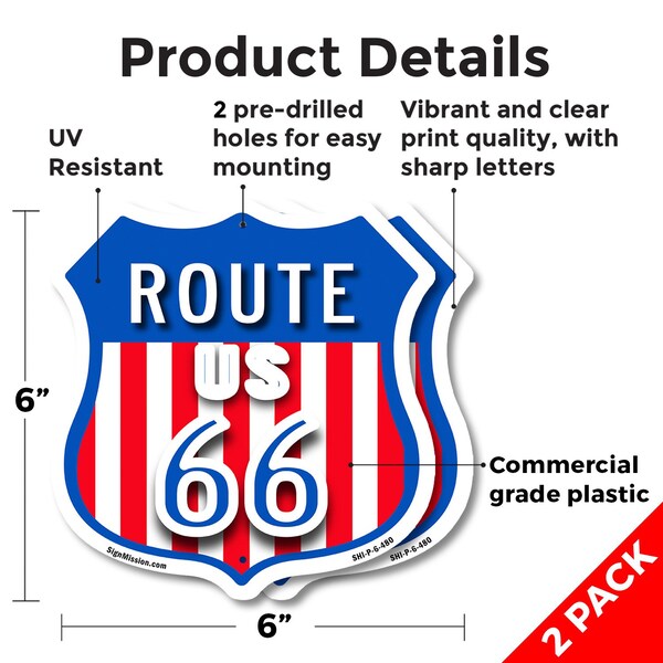 Signmission Route Us 66, 6 inch X 6 inch, Plastic Sign, 2PK - SHI-P-2PACK-6-480