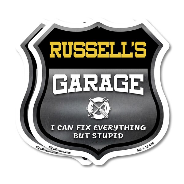 Signmission Russell's Garage I Can Fix Everything But Stupid, 12 inch X 12 inch, Aluminum Metal Sign, 2PK - SHI-A-2PACK-12-490-RUSSELL