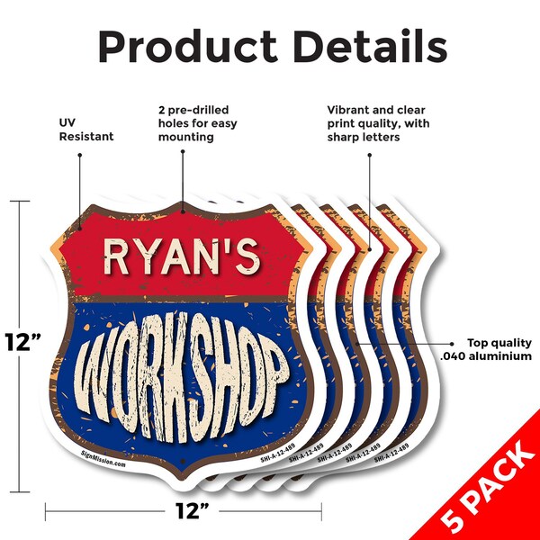 Signmission Ryan's Workshop, 12 inch X 12 inch, Aluminum Metal Sign, 5PK - SHI-A-5PACK-12-489-RYAN