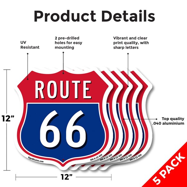 Signmission Route Marker Shield Sign Route 66, 12 inch X 12 inch, Aluminum Metal Sign, 5PK - SHI-A-5PACK-12-459