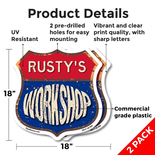 Signmission Rusty's Workshop, 18 inch X 18 inch, Plastic Sign, 2PK - SHI-P-2PACK-18-489-RUSTY