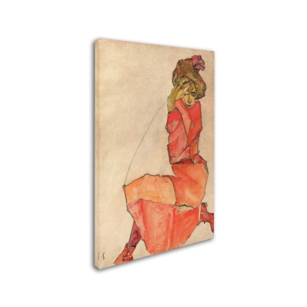 Trademark Fine Art Egon Schiele 'Kneeling Woman In Orangered Dress' Canvas Art, 16x24 - AA00487-C1624GG