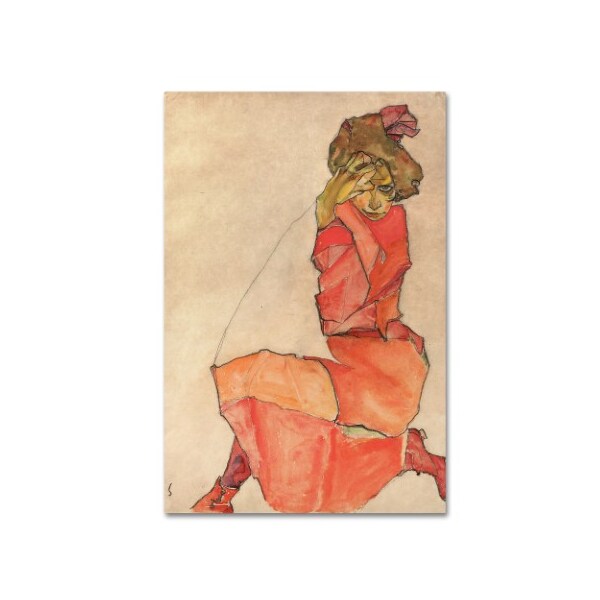 Trademark Fine Art Egon Schiele 'Kneeling Woman In Orangered Dress' Canvas Art, 16x24 - AA00487-C1624GG