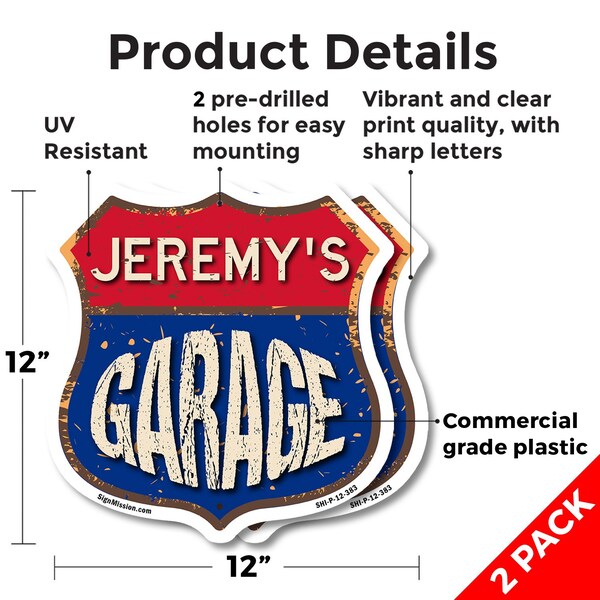 Signmission Jeremy's Garage, 12 inch X 12 inch, Plastic Sign, 2PK - SHI-P-2PACK-12-383-JEREMY