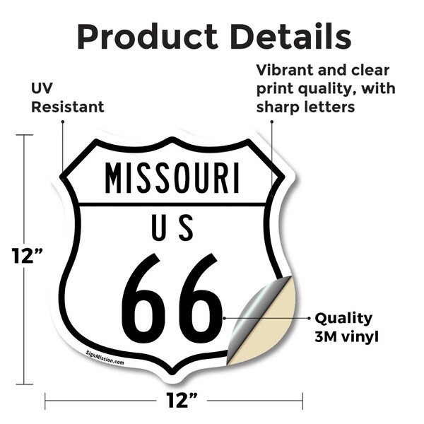 Signmission Missouri Route Marker Shield Sign Us 66, 12 Inch X 12 Inch, Vinyl Decal - SHI-D-12-386