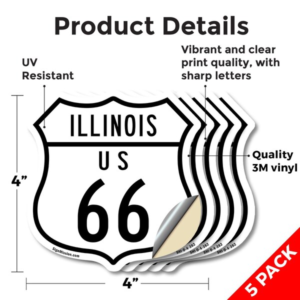 Signmission Illinois Route Marker Shield Sign Us 66, 4 inch X 4 inch, Vinyl Decal, 5PK - SHI-D-5PACK-4-382