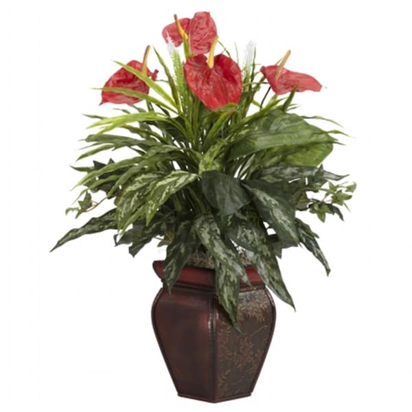 Nearly Natural Mixed Greens and Anthurium with Decorative Vase Silk Plant - 6678
