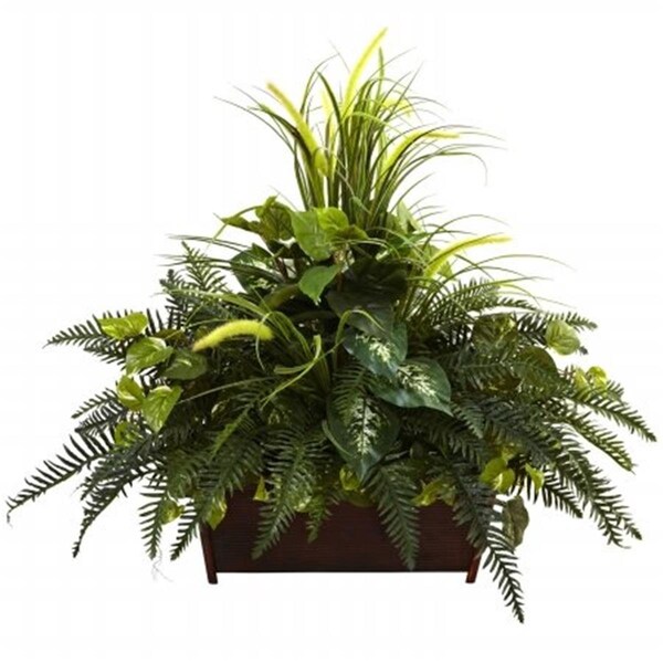 Nearly Natural Mixed Grass and River Fern With Wood Planter - 6792