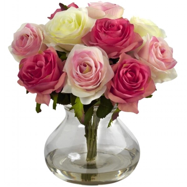 Nearly Natural Rose Arrangement With Vase - Asstored Pastels - 1367-AP