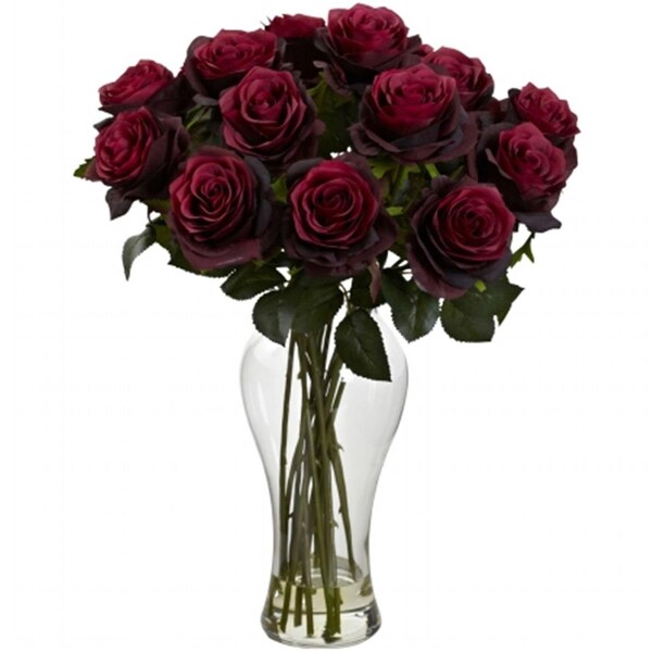 Nearly Natural Blooming Roses With Vase - Burgundy - 1328-BG